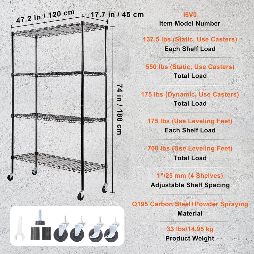 Storage Shelving Unit with Wheels, 4-Tier Adjustable, 700 lbs Capacity, Heavy Duty Garage Shelves Metal Organizer Wire Rack, Black, 47.2" L x 17.7" W