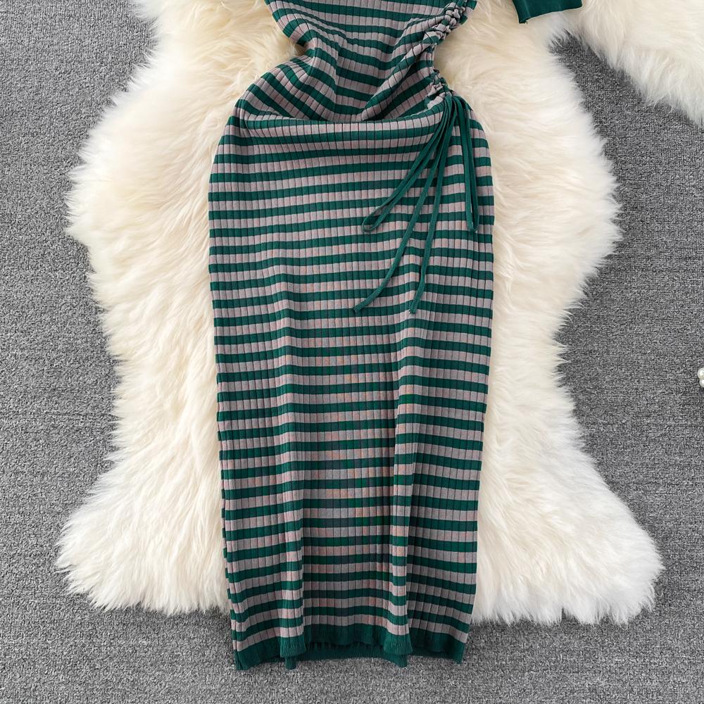 Summer Short Sleeve Striped Knitted Sweater Dress Women Fashion Casual Slim Bodycon Sheath Dresses