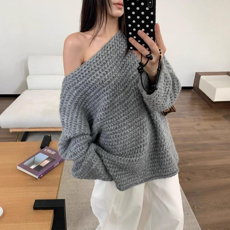 Long Sleeve Coarse Needle Sweater for Women Loose Medium Length Solid Color Knitted Sweater