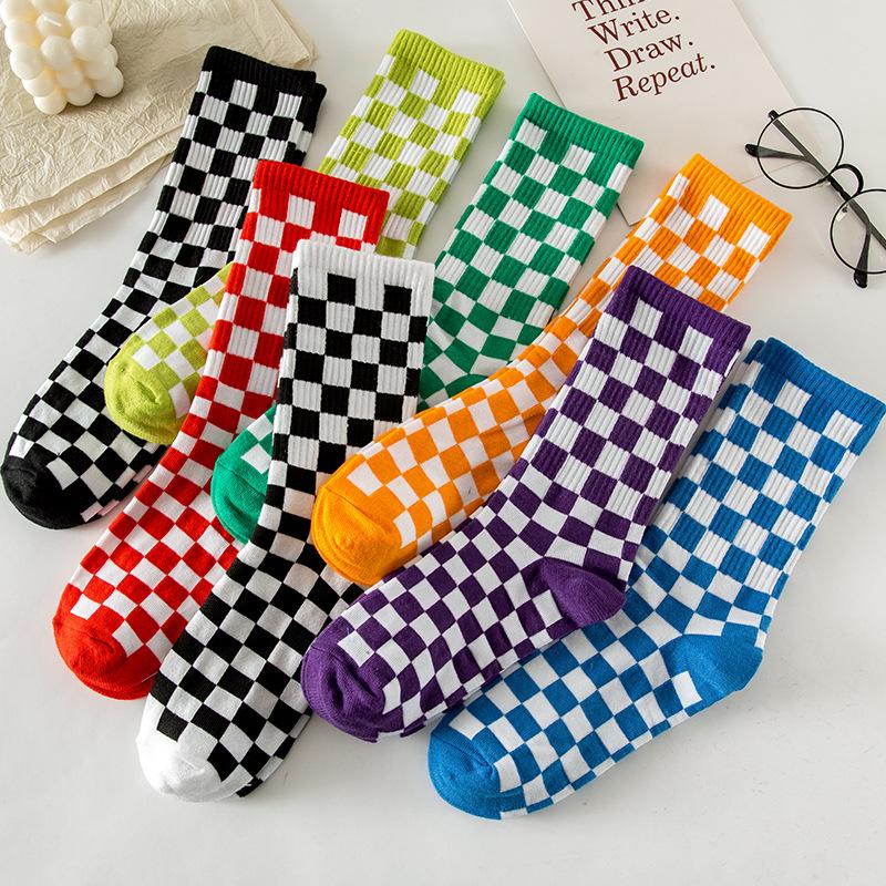 3 Pairs Women Cotton Socks Funny Black White Squares Plaid Casual Socks Breathable Middle Tube Socks