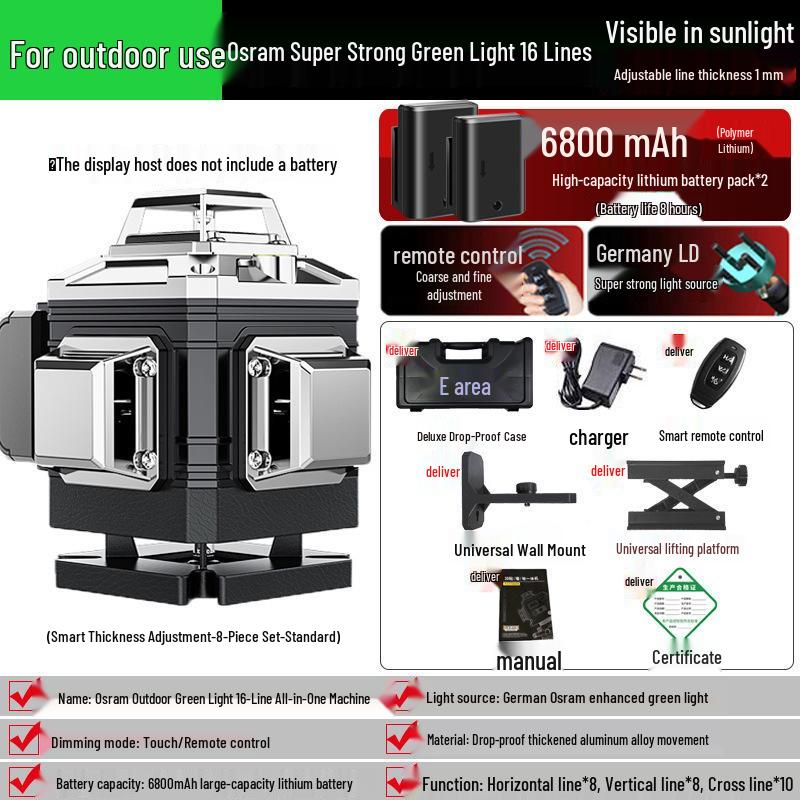 High-Precision 16-Line Green Laser Level with 12 Wall and Floor Integration