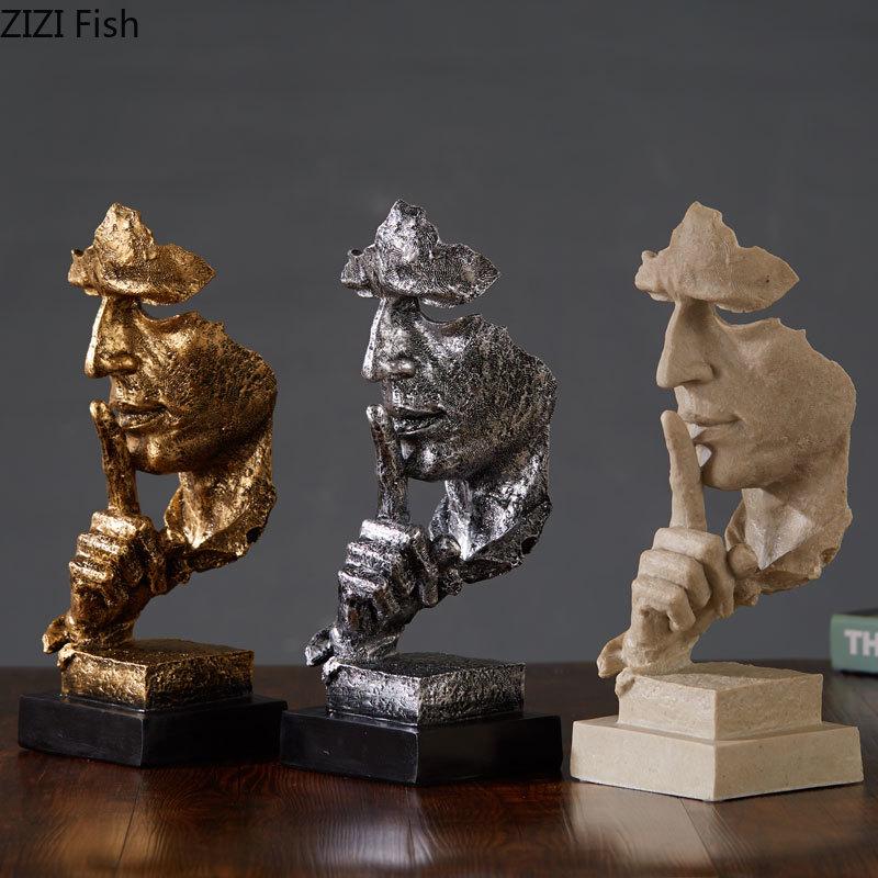 Il Silenzio è Oro Personaggio Retrò Resine Statua Scultura Astratta di Volto Umano Decorazione da Scrivania Arredamento Decorazioni per la Casa Vintage