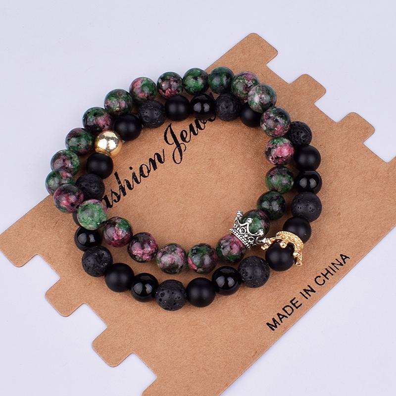 2pcs Charm Paired Bracelets Men Sets Crown Women's Bracelets Natural Stone Beads Wristband Couple Bracelet Gifts Friends Jewelry