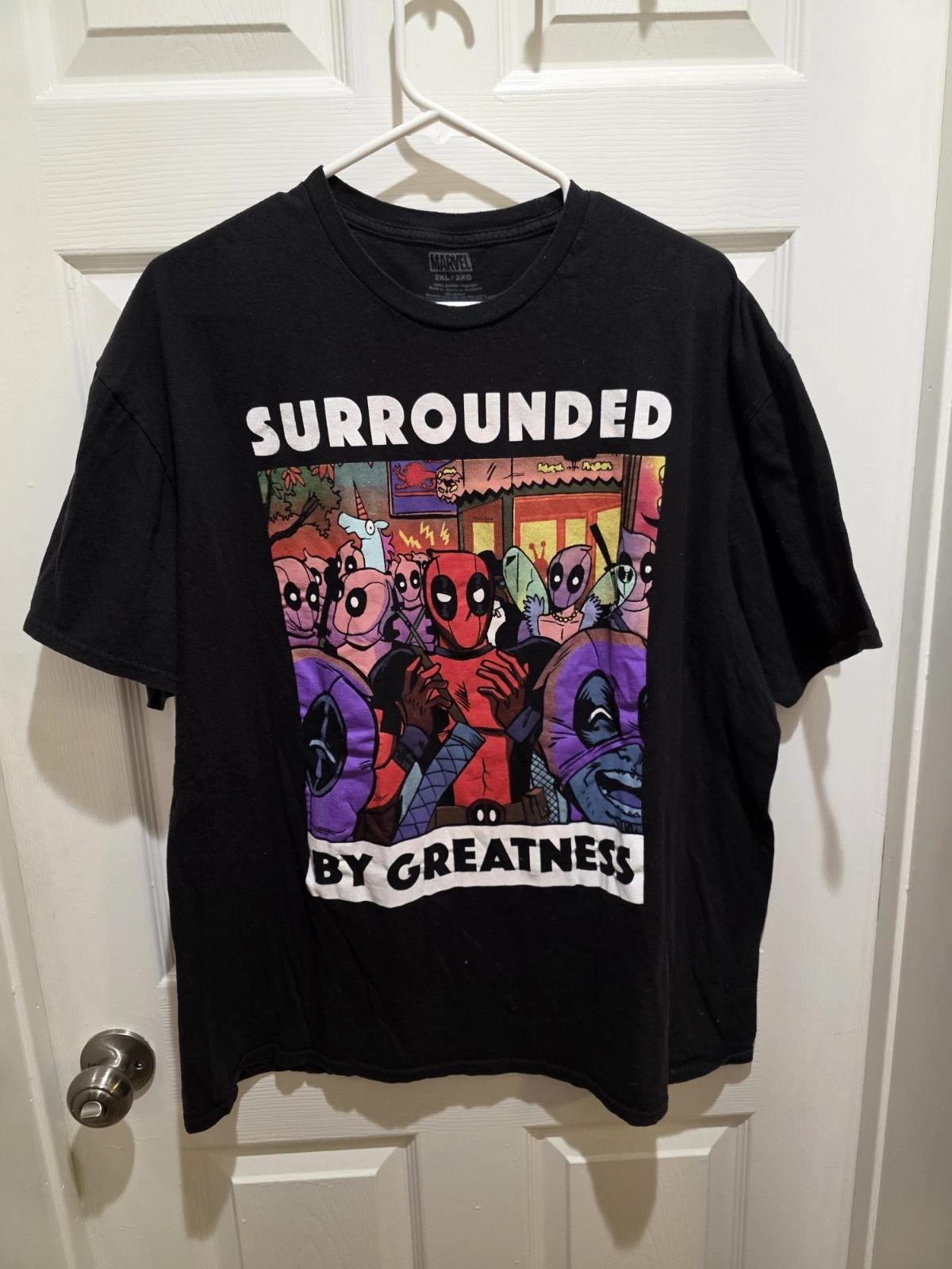 Marvel Shirt Mens 2XL Deadpool Surrounded By Greatness Graphic Tee Cotton Black 2XL