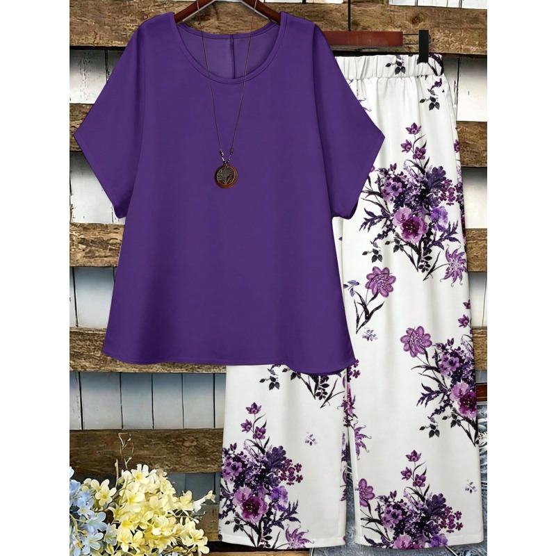 Women's Plus-size Summer New Style Casual Short-sleeved Printed Wide-leg Pants Top and Pants Two-piece Set