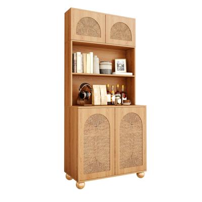Sideboard, Tall Cabinet with Rope-Weave Doors, Three-Part Display Cabinet, Storage Cabinet Made of Chipboard+MDF, Cabinet with Pine Wood Ball Feet