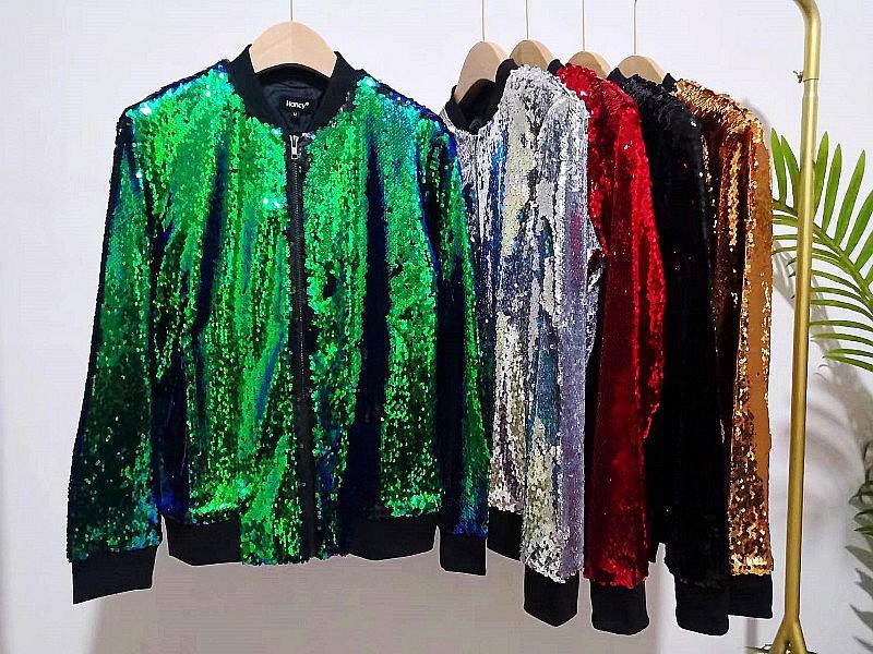 Women's Plus Size Sequin Baseball Jacket - Loose Fit, European & American Style, Autumn Fashion