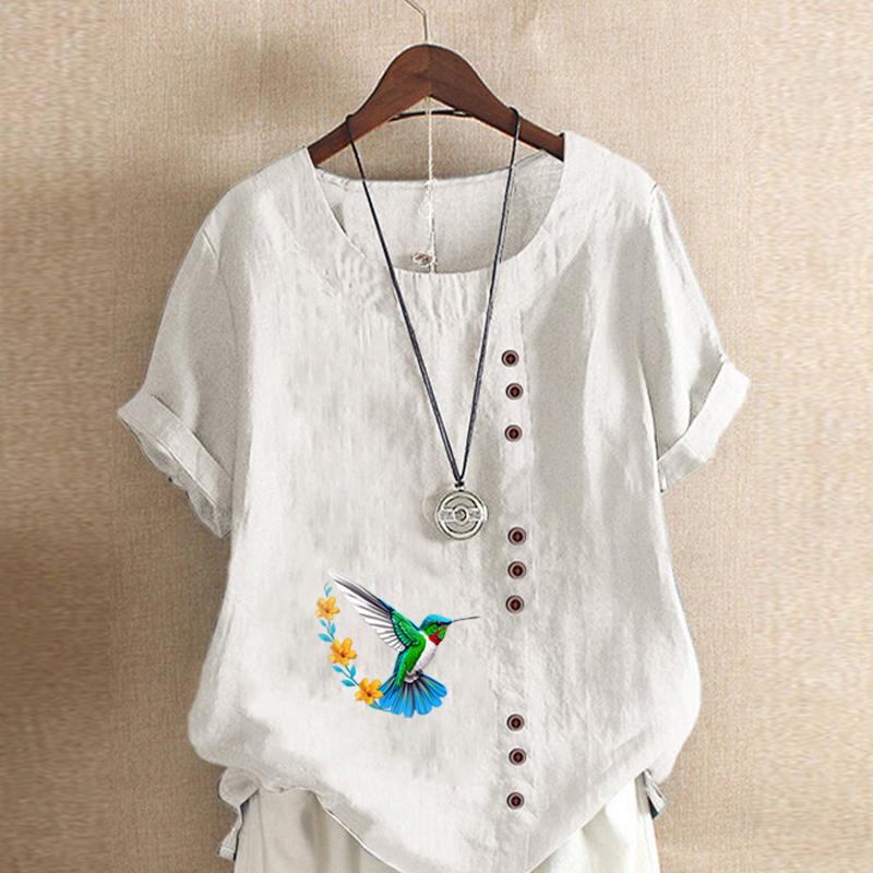 Women's Fashion Round Neck Short Sleeve T-shirt Casual Cotton Linen Graphic Shirt Leisure Loose Bird Prined Summer Blouse Tops
