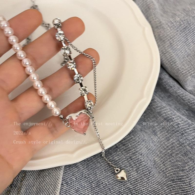 Elegant Rhinestone Pearl Necklace Love Heart Pendant Choker for Women Pink Crystal Party Wearing Accessories Jewelry Gifts