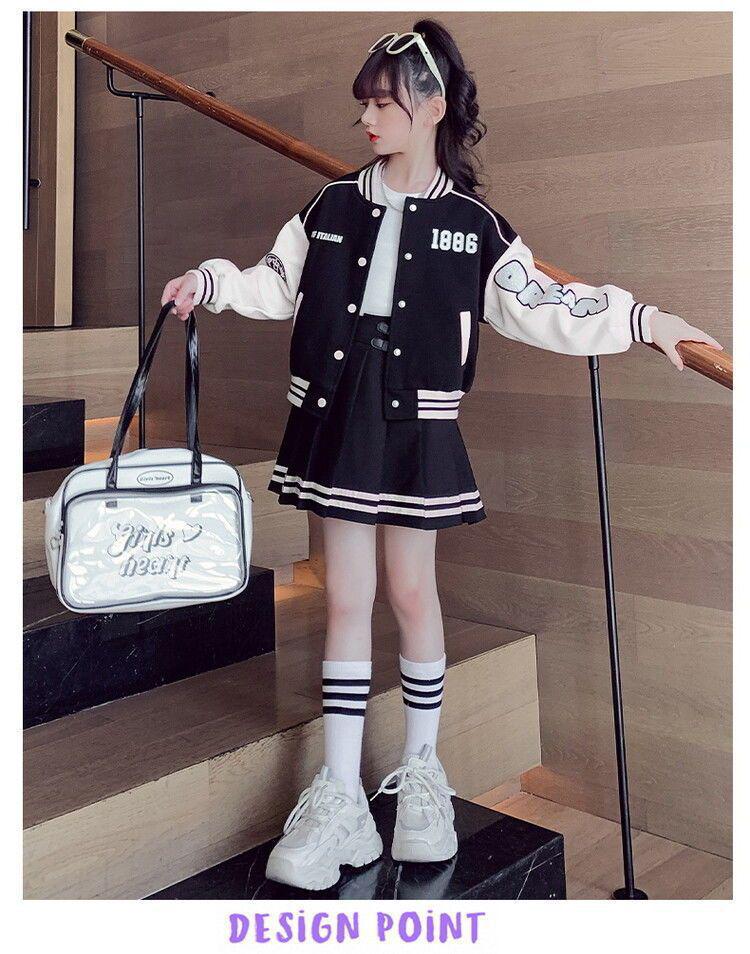 2024 Mädchen Koreanischer Stil Baseballjacke & Plisseerock Set - Frühling/Herbst Trendiges Zweiteiler für Große Kinder