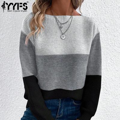Women's Fashion Casual Fall Winter Colour Block Print Long Sleeve O-Neck Sweaters