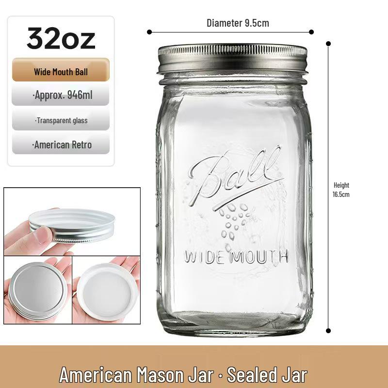 Retro Mason Glass Storage Jar with Lid - Food Grade Transparent Kitchen Container