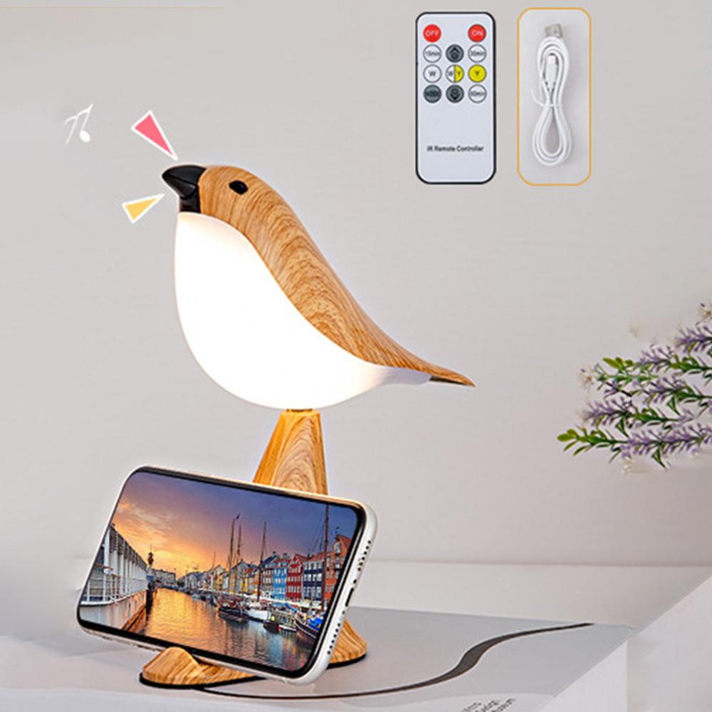 

Creative Bird Shape Bedside Lamp Multifunction Aroma Diffuser Phone Holder Ambient Light with Sound Wood Color