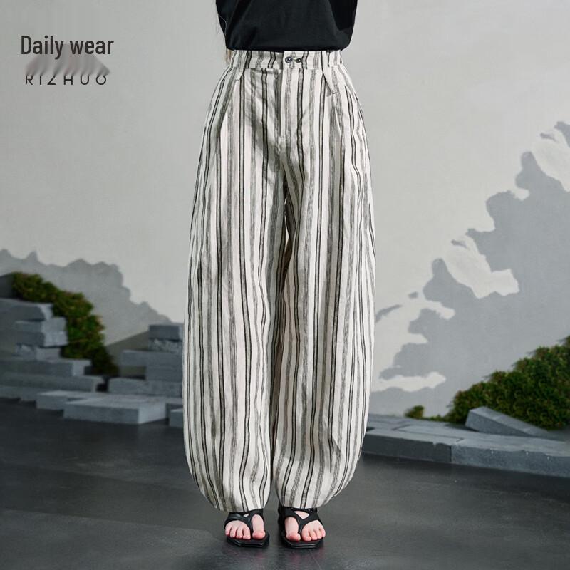 Rizhuo Women s Striped Linen Blend High-Waist Wide-Leg Pants S