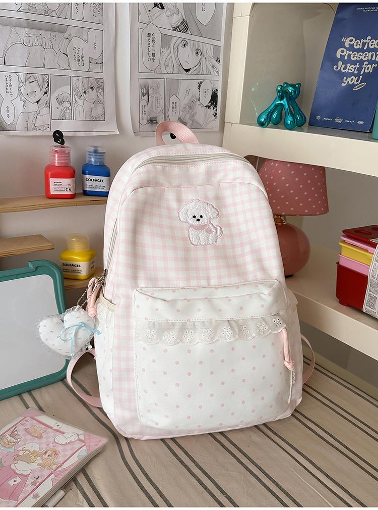 Schoolbag summer fresh blue and white grid small polka dot backpack soft cute puppy embroidery sweet age-reducing student party travel small backpack