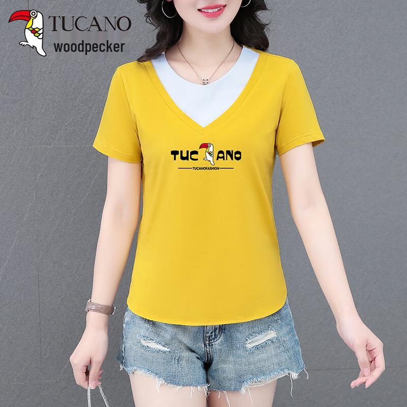 Woodpecker Women s V-Neck Color-Block Pure Cotton T-Shirt 4XL