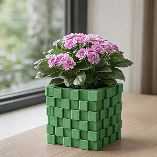 3D Printed Pixel Cube Planter, Grid Spliced Decor, Retro Geometric Ornament, Matte Breathable Structure, Compact Desktop Pot for Succulents Green