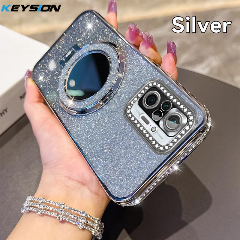 KEYSION Glitter Jewelled Magnetic Phone Case for Xiaomi M5S Makeup Mirror Stand Shockproof Cover for Redmi Note 10 10S 10 Pro 4G