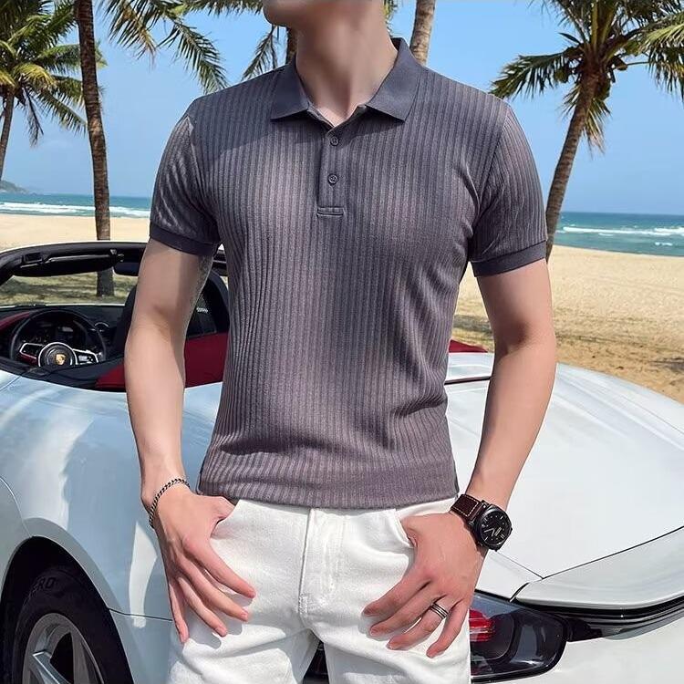 2024 Summer Striped Ice Silk Short-Sleeve Polo for Men - Breathable & Versatile