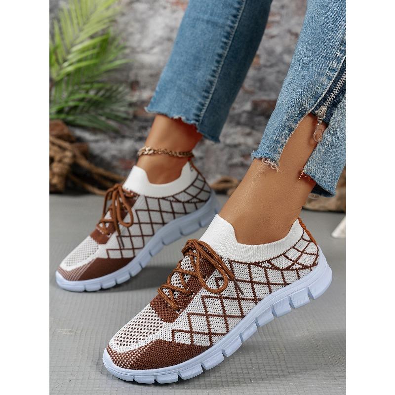 Women's Breathable Knit Lace-Up Casual Sports Shoes, Thick-Soled Trendy Footwear, Available In Large Sizes.