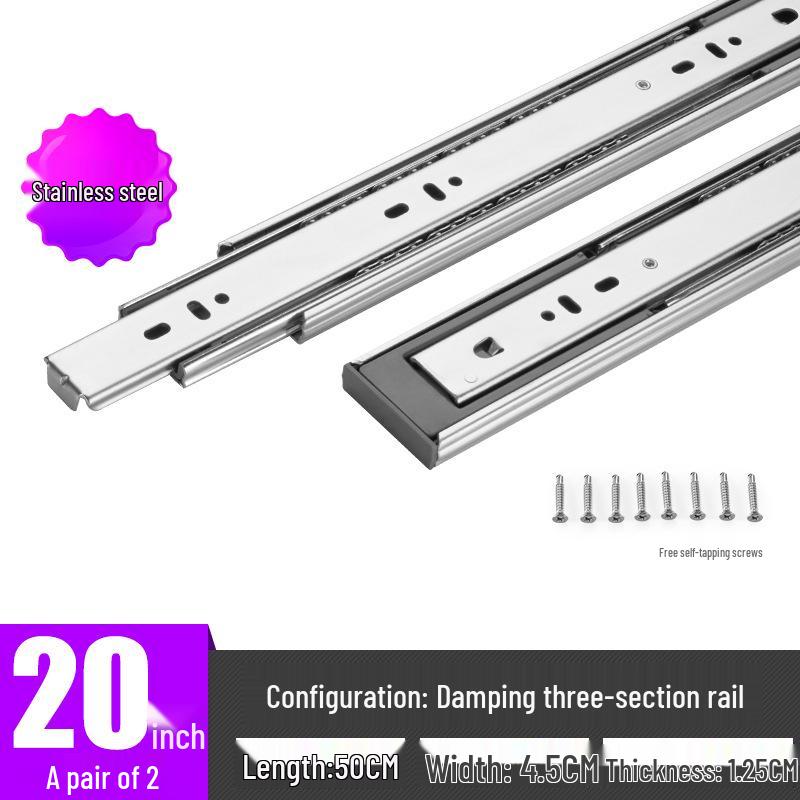 Thickened Stainless Steel Drawer Slides with Three-Section Silent Rails and Buffer Damping