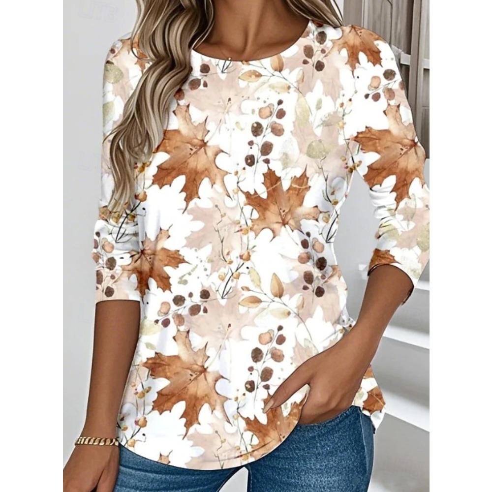 Hauts pour Femmes Imprimé Floral Col Rond Manches Longues T-shirt Automne Décontracté Ajusté Pull Haut à Manches Longues pour Femme