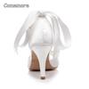 8cm White Wedding Heels for Ladies Pearl Ankle Strap Back Lace Bowknot Sandals Women's Elegant Dress Shoes Sandalias De Mujer