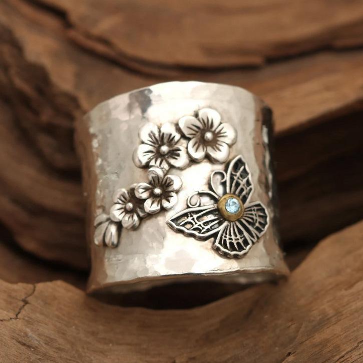 European and American Retro Trendy Personalized Ring Bee Butterfly Flower Leaves Relief Ring