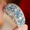 Luxury Inlaid Sea Blue White CZ Flower Women's Ring Trendy CopperColor Geometry Daily Wear Party Jewelry Anniversary Gift