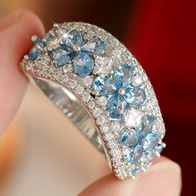 Luxury Inlaid Sea Blue White CZ Flower Women's Ring Trendy CopperColor Geometry Daily Wear Party Jewelry Anniversary Gift