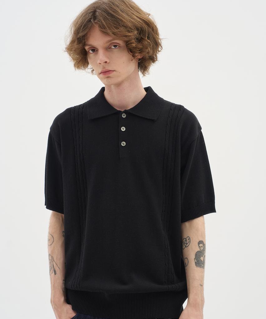 BLOND9 Soft Cable Collar Short Sleeve Knit_Black