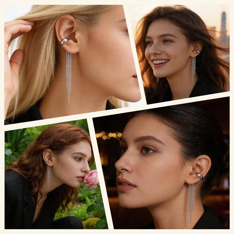 Women's Fringe Earrings No Piercing Required Long Chain Earrings for Women Stainless Steel Clip-On Earrings