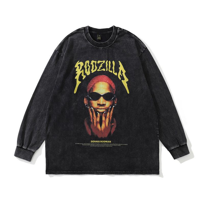 American High Street Heavy Long-Sleeved T-Shirt Men'S And Women'S Autumn And Winter Loose Retro Printed Vintage Top