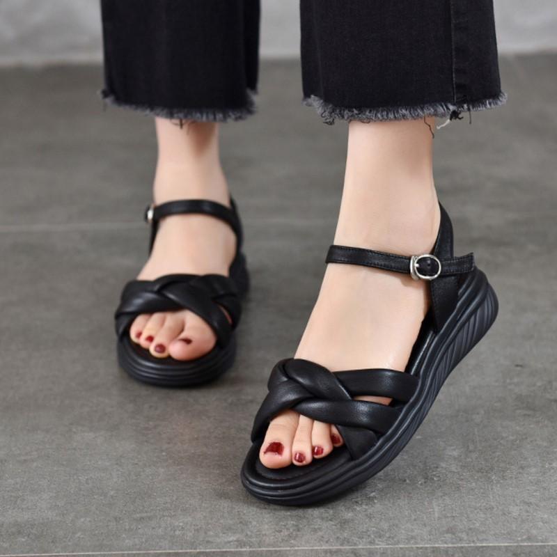 Johnature Casual Versatile Sheepskin Sandals Peep Toe Soft Soled Genuine Leather Flat Women's Shoes