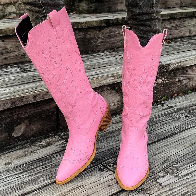 

Вышитые массивные женские высокие сапоги с острым носком, дизайнерские туфли на среднем каблуке 2025 года, зимние туфли-лодочки до колена, челси, Botas De Mujer 43 розовый
