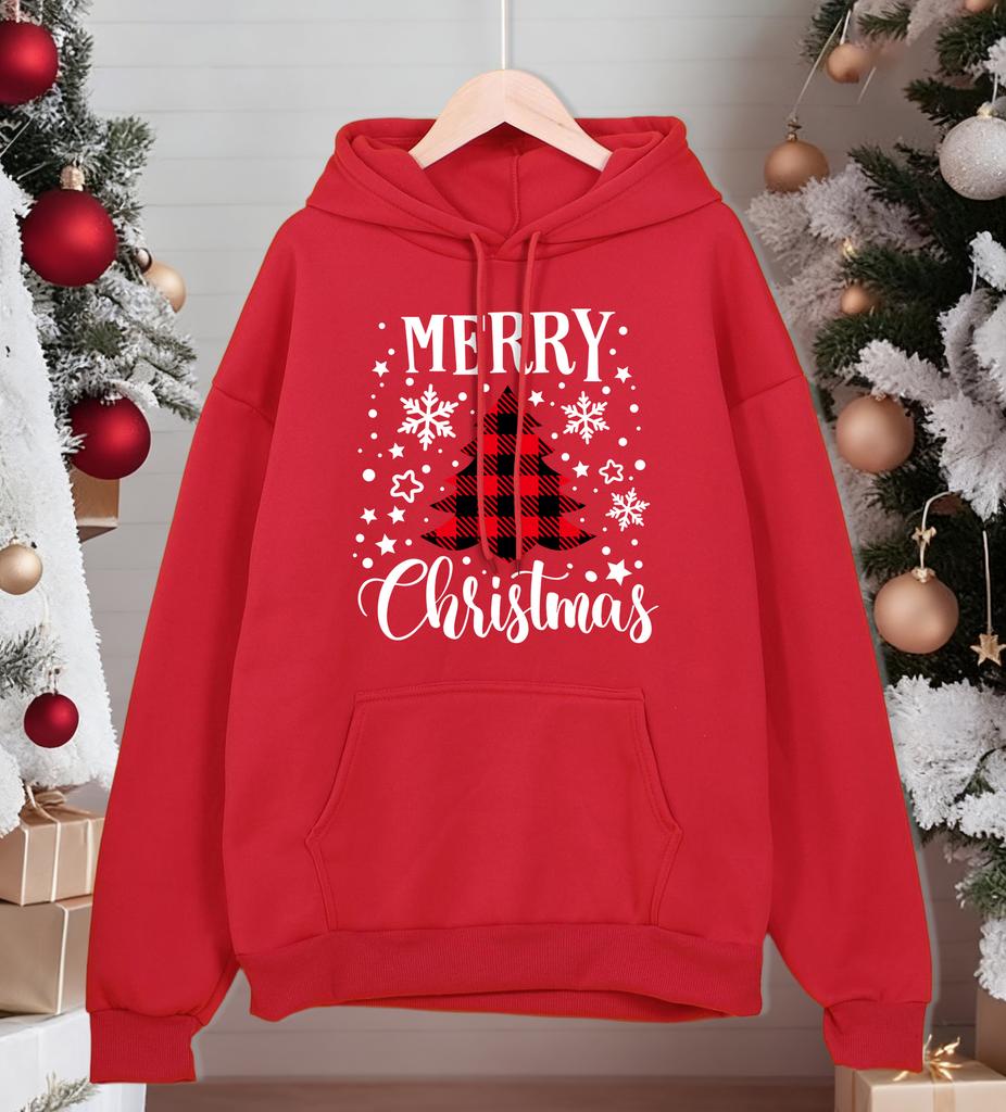 Merry Christmas Red Grid Tree Printing Hoodies Mens All-Match Casual Hoody Pocket Fleece Streetwear Comfortable Male Pullover