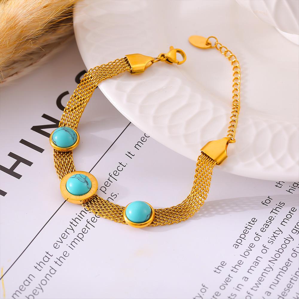18K Gold Plated European-Style Turquoise Mesh Bracelet with Retro Design