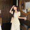 2026 French Elegant Summer Puff Sleeve Square Neck Slimming Dress with Irregular Waist and Pleats