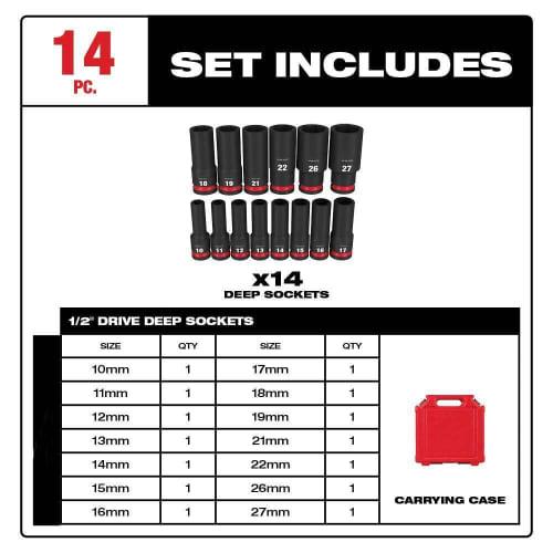 Milwaukee 49-66-7014 SHOCKWAVE 1/2-Inch Impact Duty Metric Deep Socket Set, 14 Pieces