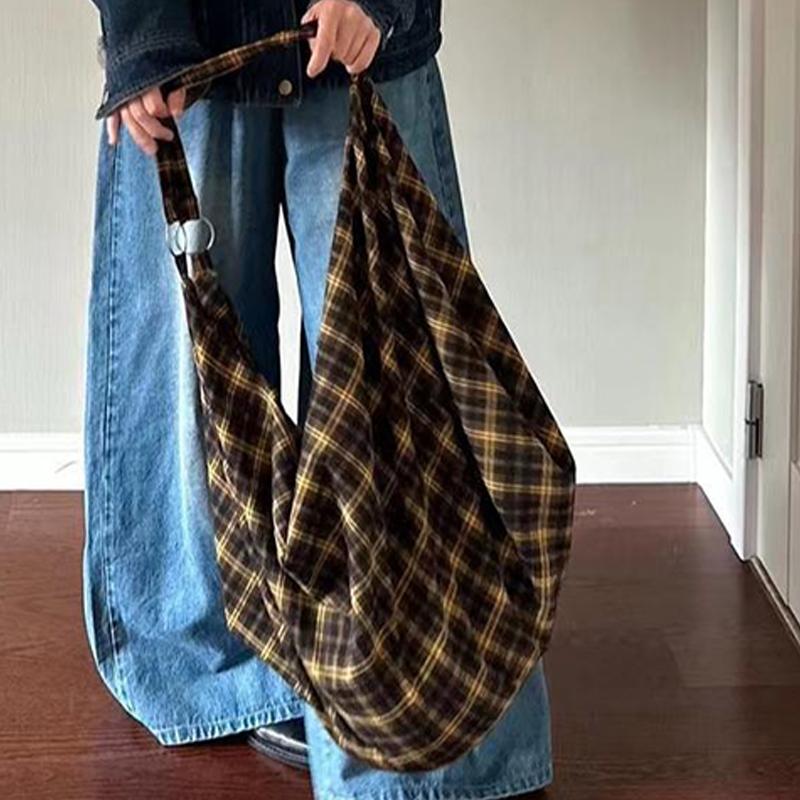 Vintage Karomuster Große Kapazität Trendiger Lässiger Tragetaschen-Rucksack Vielseitige Handtasche Übergroße Canvas Achseltasche Schottischer Stil