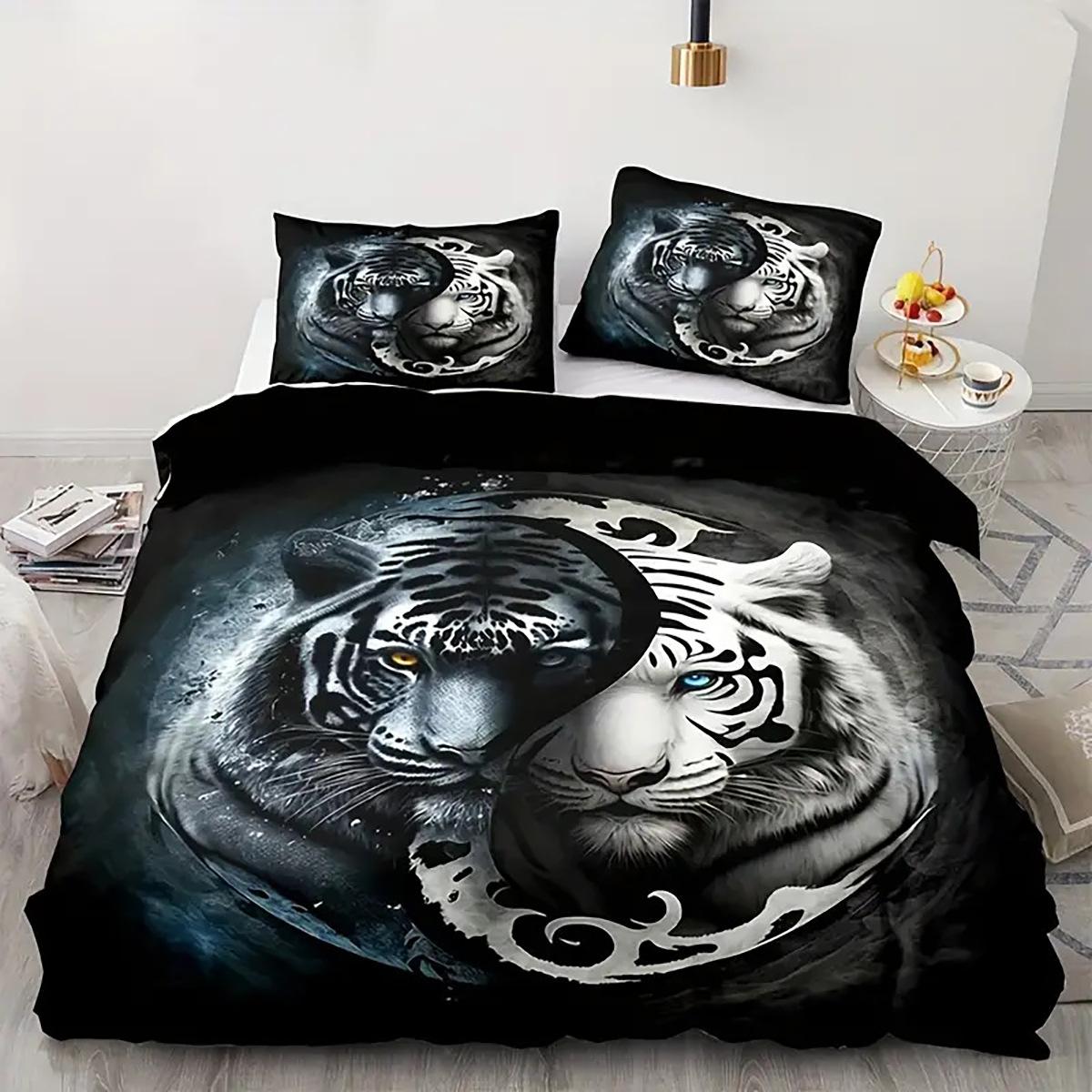 

Tiger Pattern Quilt Cover Three-Piece Pillowcase 3D Digital Printing Animal Bedding Kit 135x200cm