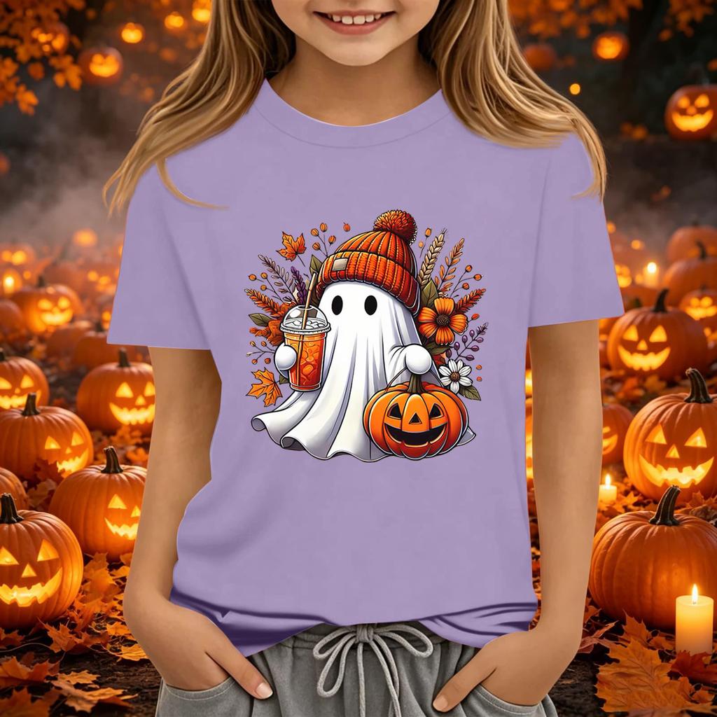 Kids Halloween Printed Short Sleeve T-Shirt Neck Relaxed Fit Casual Top for Boys and Girls