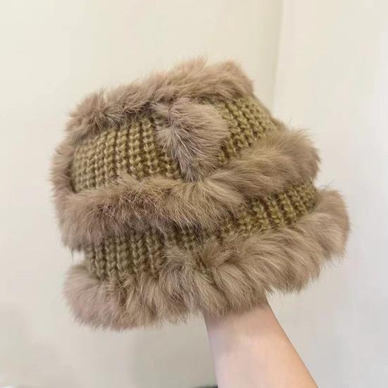Women Fisherman Hat Imitation Rabbit Fur Decor Autumn Winter Windproof Warm Dome Soft Knitting Basin Hat