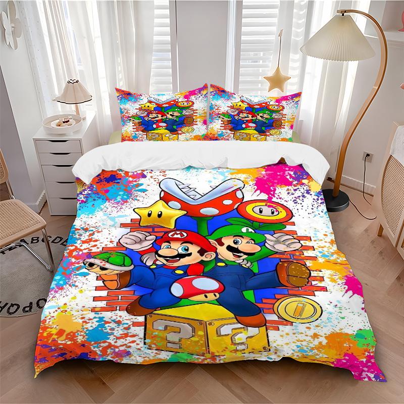 3pcs Happy Super Mario Bros Bedding Set, Including 1 Quilt Cover and 2 Pillow Shams, Without Filling, Soft and Comfortable Home Bedroom Fabric, Fashio