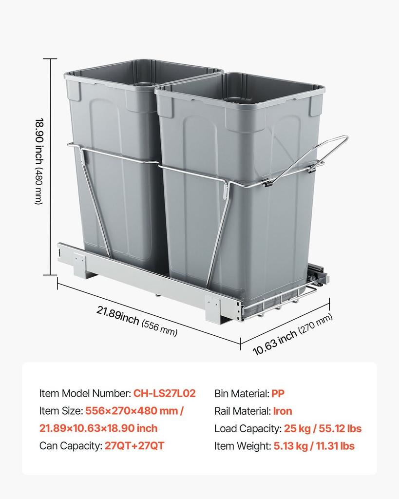 Double Pullout Waste Container Under Cabinet Kitchen Bin Trash Can