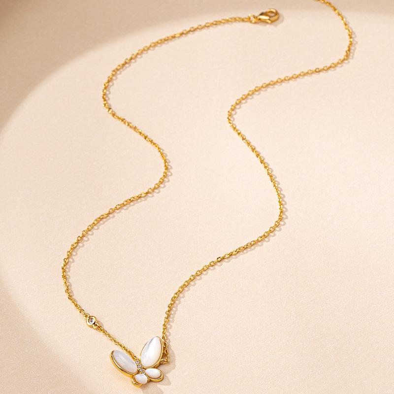 

Женский набор ожерелье с бабочкой и серьги с цирконами - Белый перламутр, Легкая роскошь, Цепочка для ключиц, Дизайн 2025