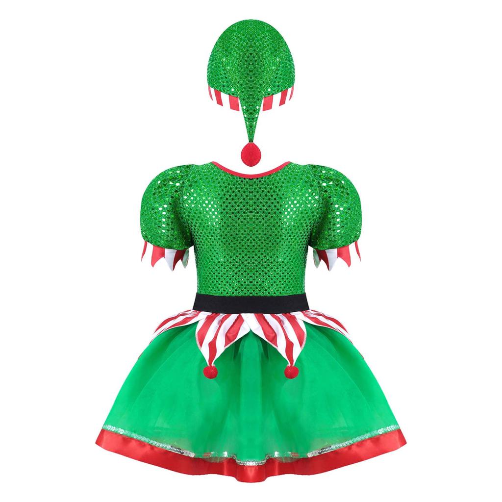 Mädchen Weihnachts-Elf Cosplay Kostüm Pailletten Pompons Verziertes Mesh Tutu Kleid Hut Inklusive Party Outfit