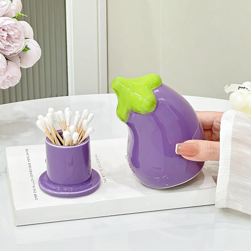 Cute Eggplant Toothpick Holder Ceramic Floss Box Desktop Decoration