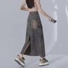Saia Jeans A-Line Fenda Cintura Alta Retrô Americana Feminina - Comprimento Médio para Primavera e Outono