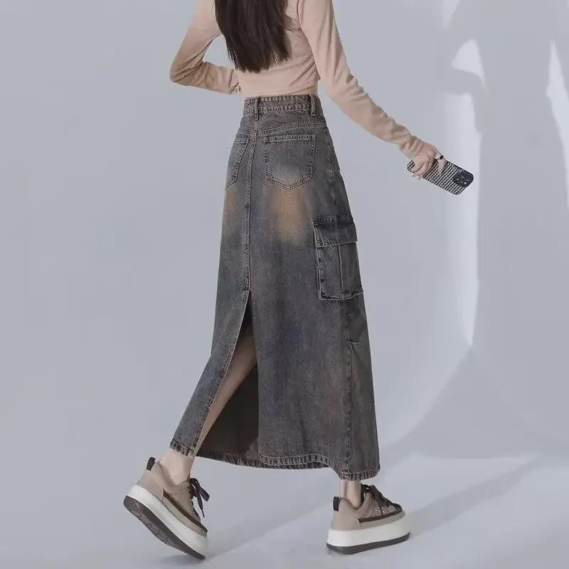 Saia Jeans A-Line Fenda Cintura Alta Retrô Americana Feminina - Comprimento Médio para Primavera e Outono